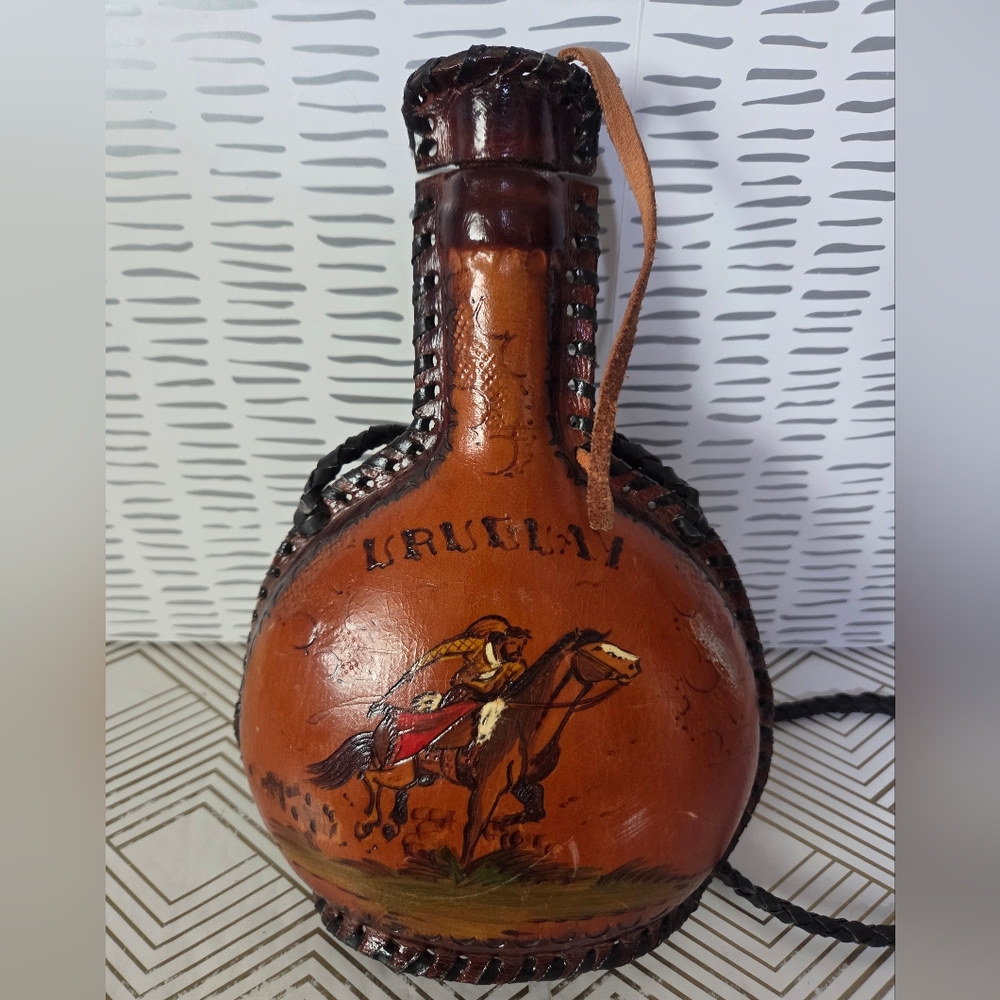 Vintage hand tooleVd leather wrapped bottle decanter Uruguay Gaucho Cowboy Horse